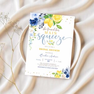 Editable blue lemon bridal shower invitation blue floral citrus she found her main squeeze invite template 1