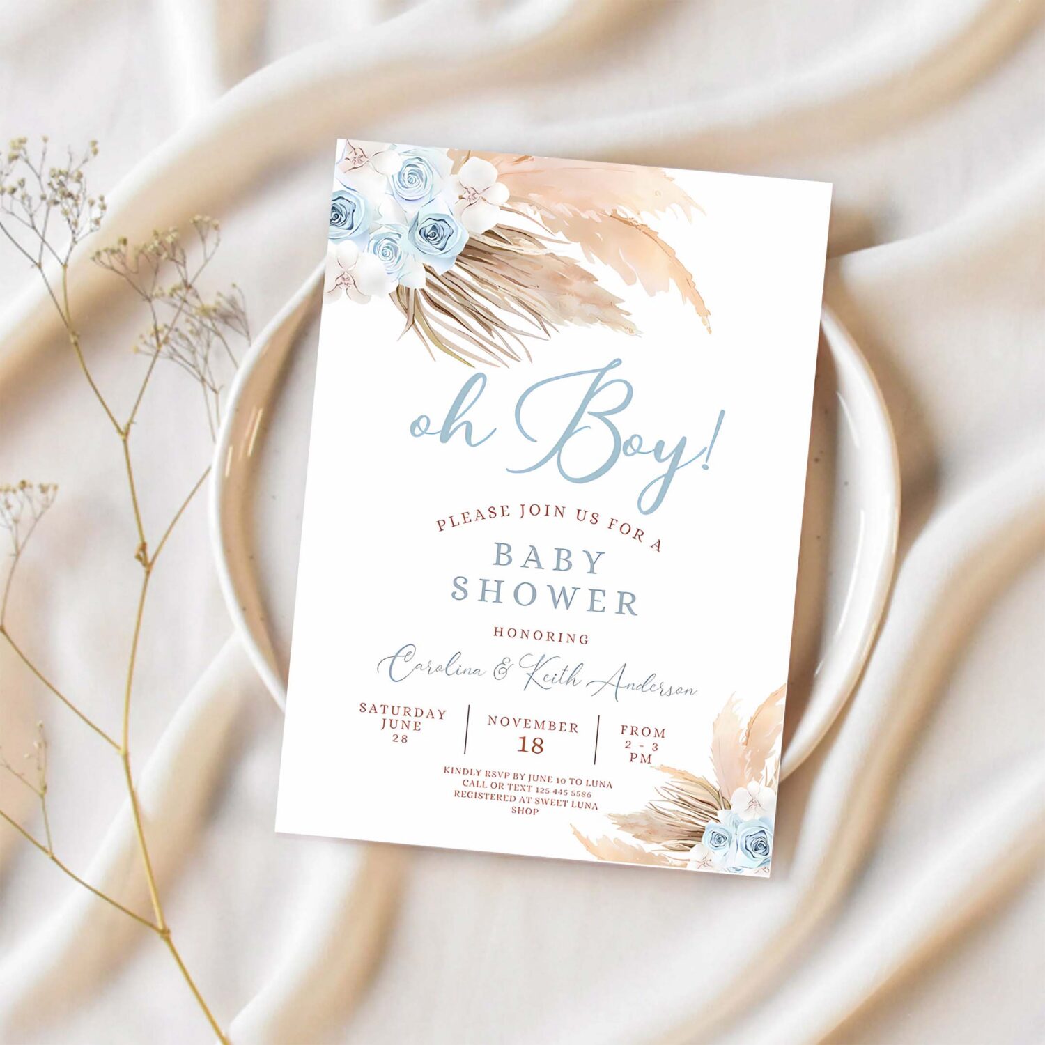 Editable blue pampas grass boho baby shower invitation boy minimalist pastel baby shower invites printable 1