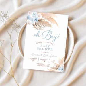 Editable blue pampas grass boho baby shower invitation boy minimalist pastel baby shower invites printable 1
