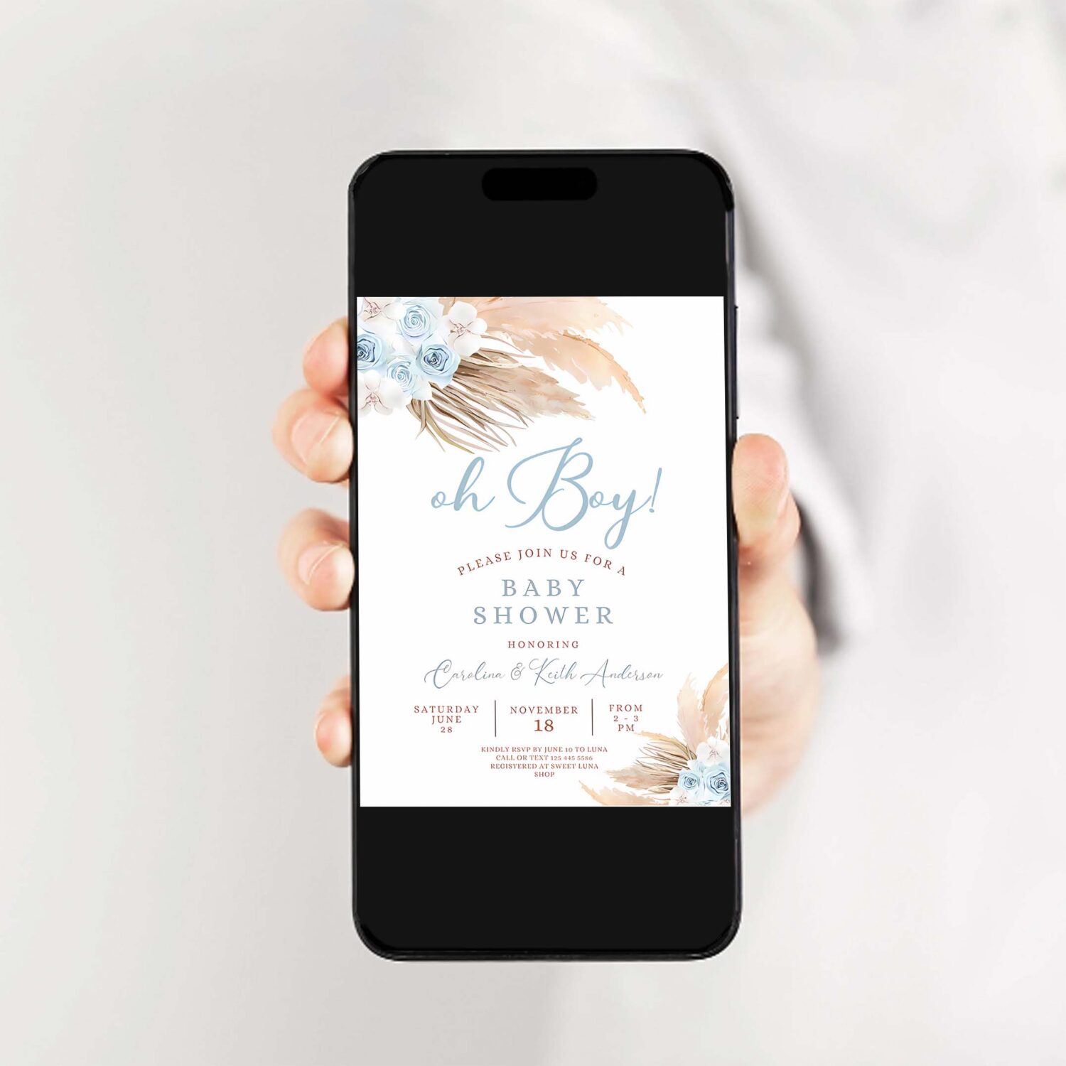 Editable blue pampas grass boho baby shower invitation boy minimalist pastel baby shower invites printable 2