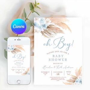 Boho Pampas Invitation, Blue Pampas Grass Boho Baby Shower Invitation