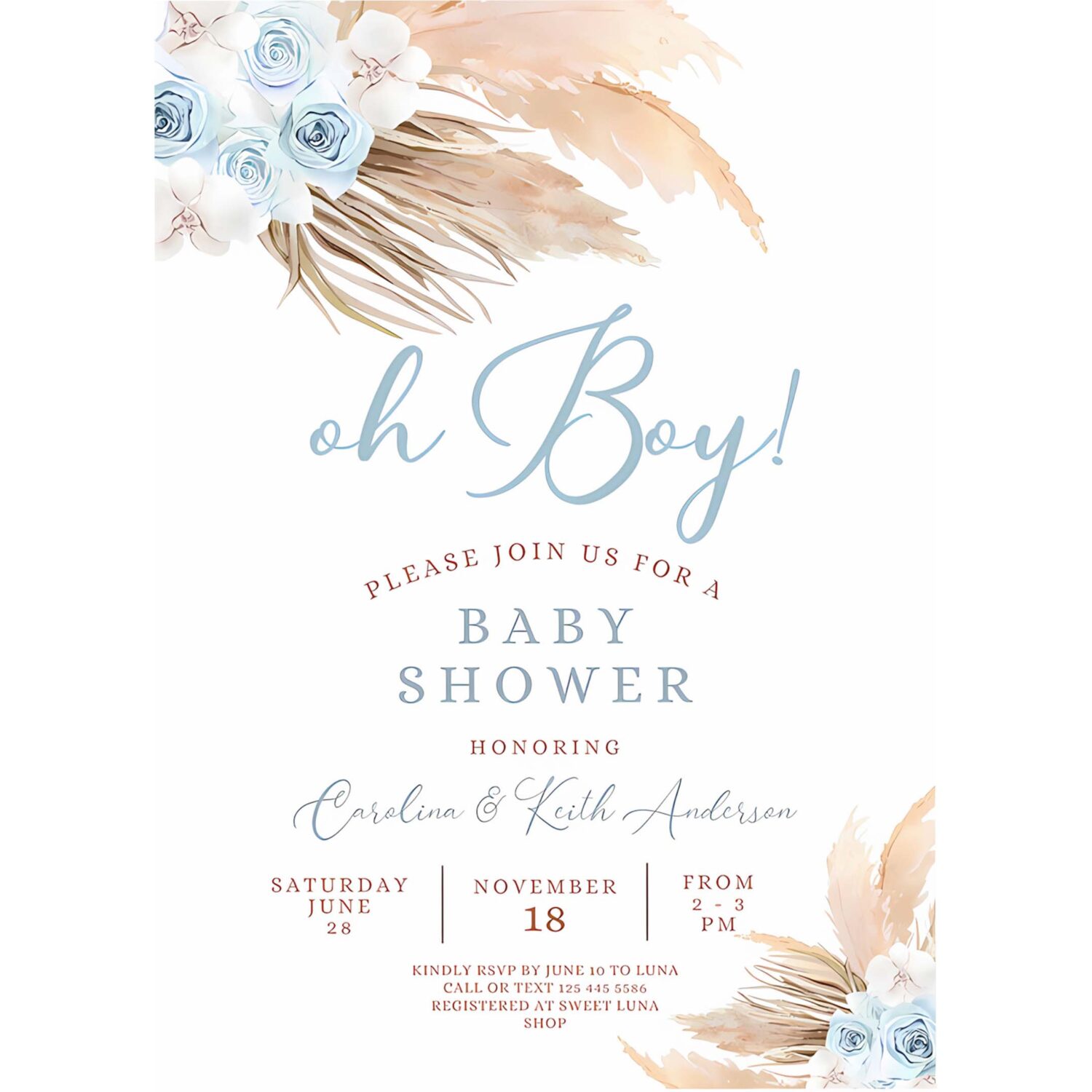 Editable blue pampas grass boho baby shower invitation boy minimalist pastel baby shower invites printable 4