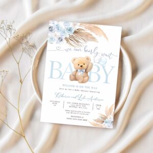 Editable blue pampas grass we can bearly wait blue boy boho teddy bear baby shower invitation invites template 1