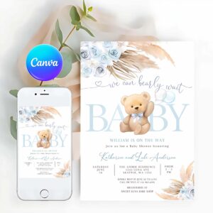Teddy Bear Invitation, Blue Pampas Grass We Can Bearly Wait Blue Boy Boho Teddy Invitation