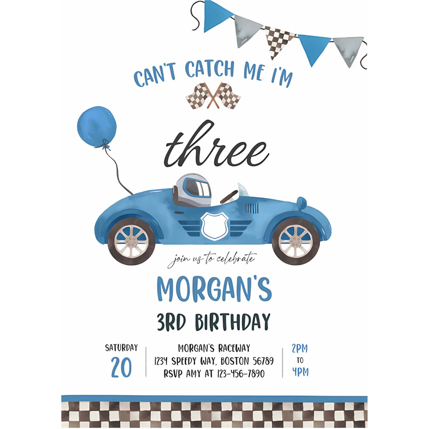 Editable blue race car 3rd birthday invitation cant catch me im three race car 3rd birthday party 4
