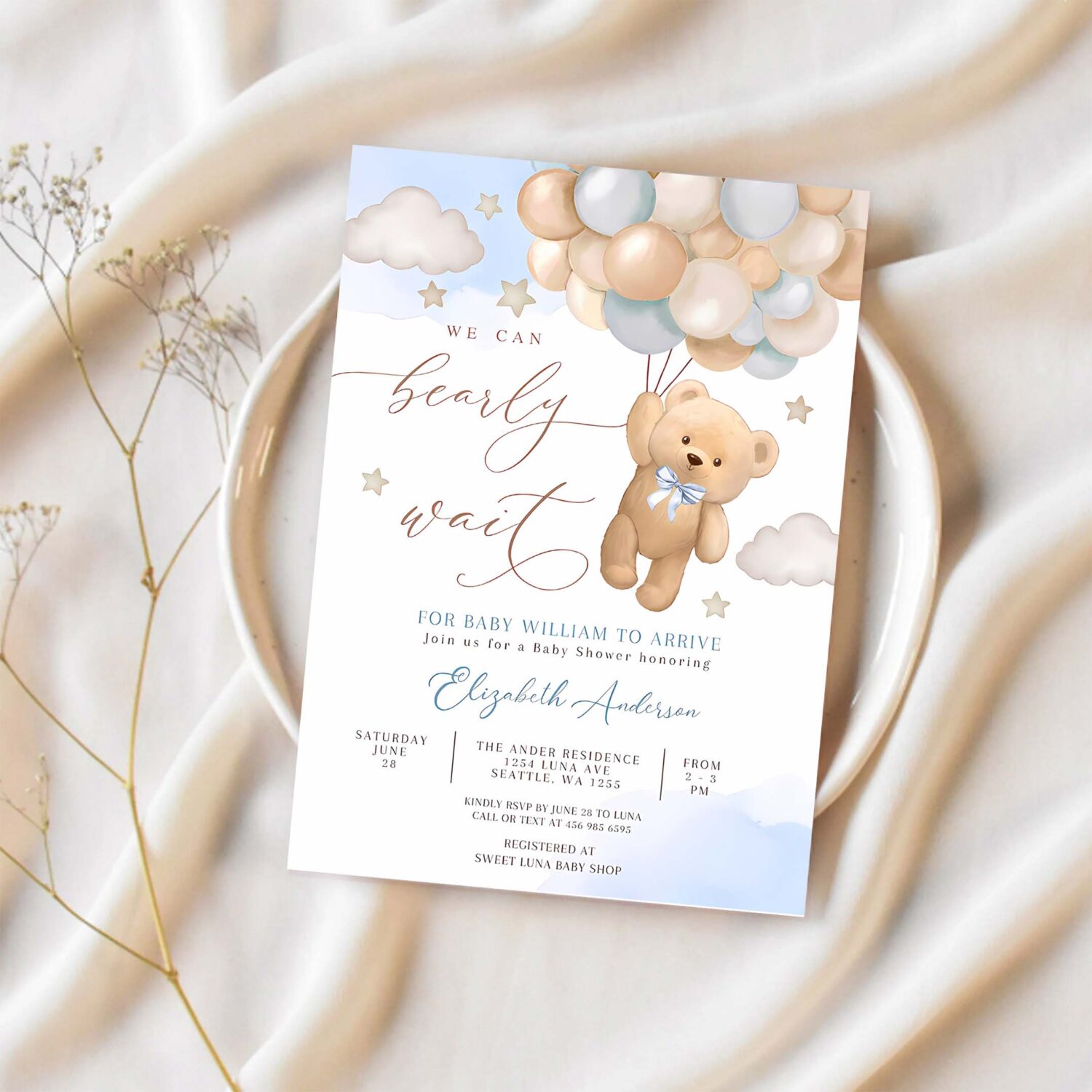 Editable blue we can bearly wait teddy bear balloon bear theme baby shower invitation invites template 1