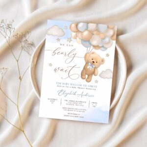 Editable blue we can bearly wait teddy bear balloon bear theme baby shower invitation invites template 1