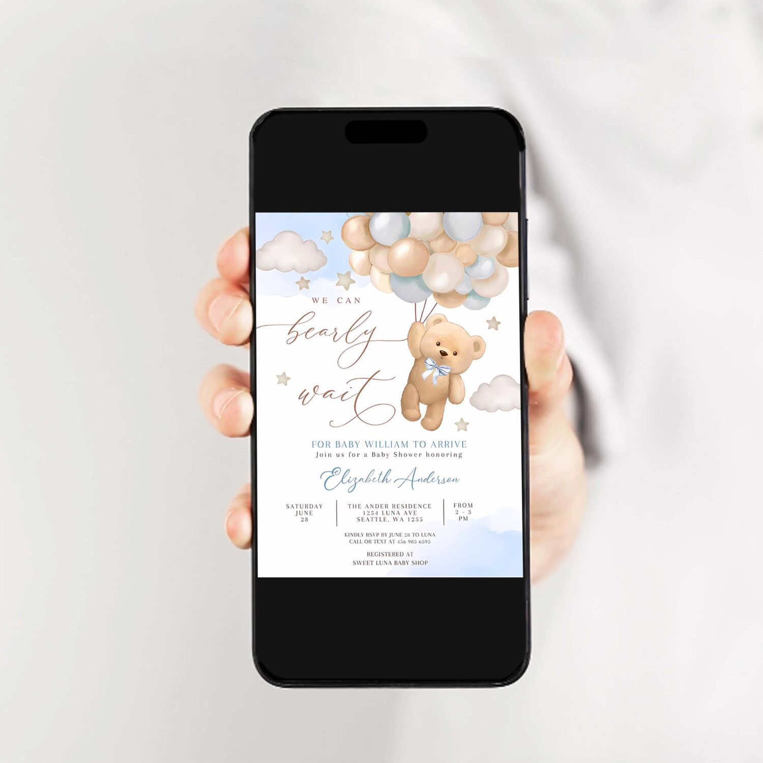 Editable blue we can bearly wait teddy bear balloon bear theme baby shower invitation invites template 2