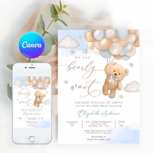 Teddy Bear Invitation, Blue We Can Bearly Wait Teddy Bear Balloon Bear Theme Baby Invitation
