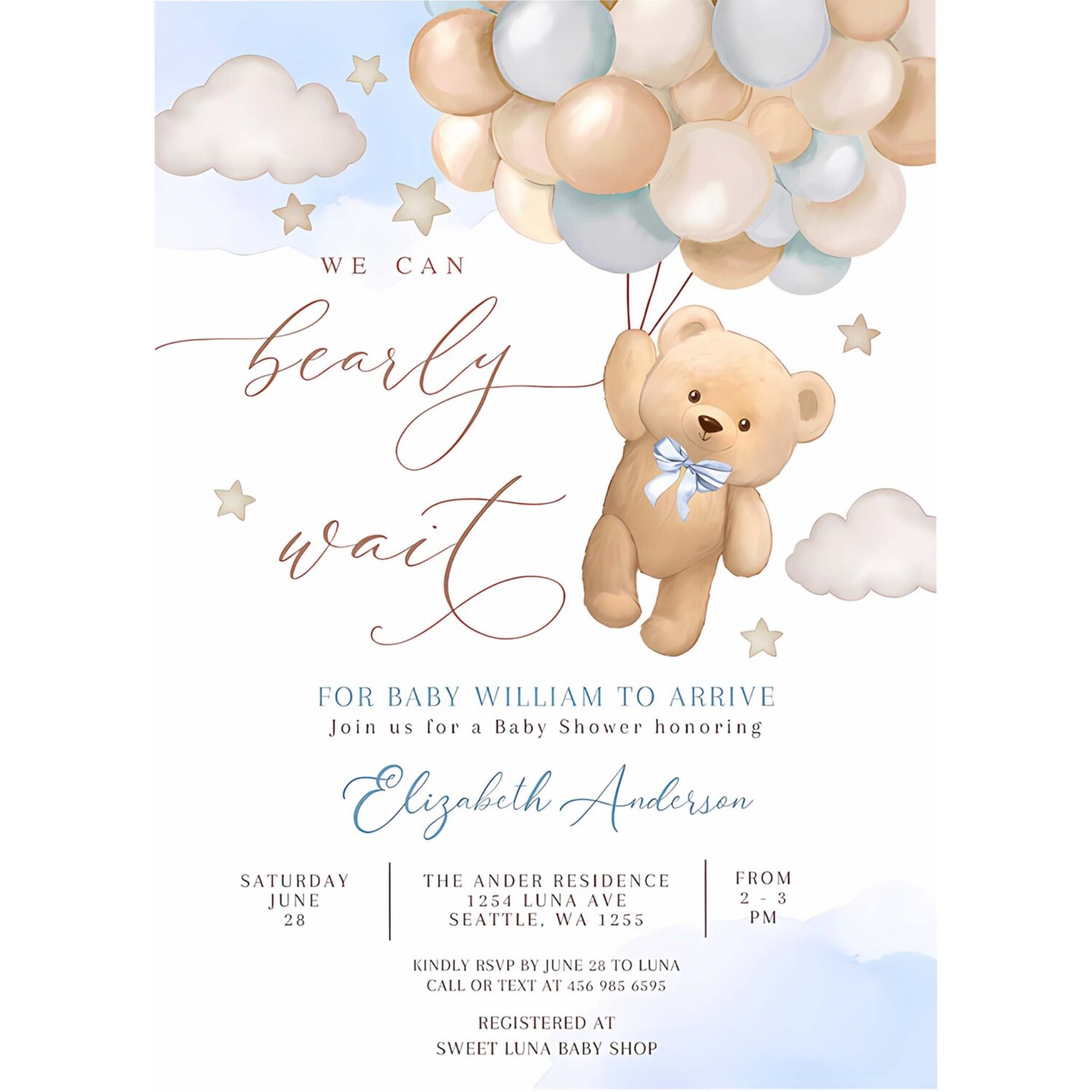 Editable blue we can bearly wait teddy bear balloon bear theme baby shower invitation invites template 4