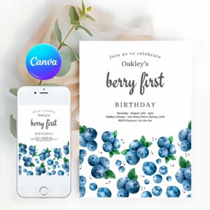 Berry Invitation, Blueberry 1st Birthday, Birthday Invitation