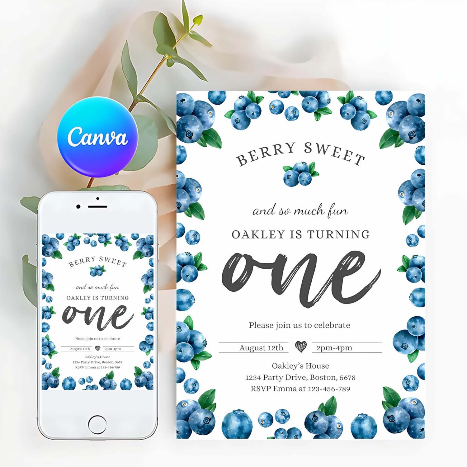 Editable blueberry 1st birthday invitation berry sweet 1st birthday invitation summer fruit berries 1st birthday party