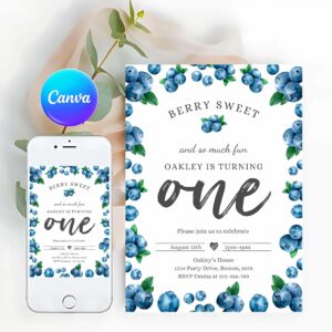 Berry Invitation, Blueberry 1st Birthday, Birthday Invitation