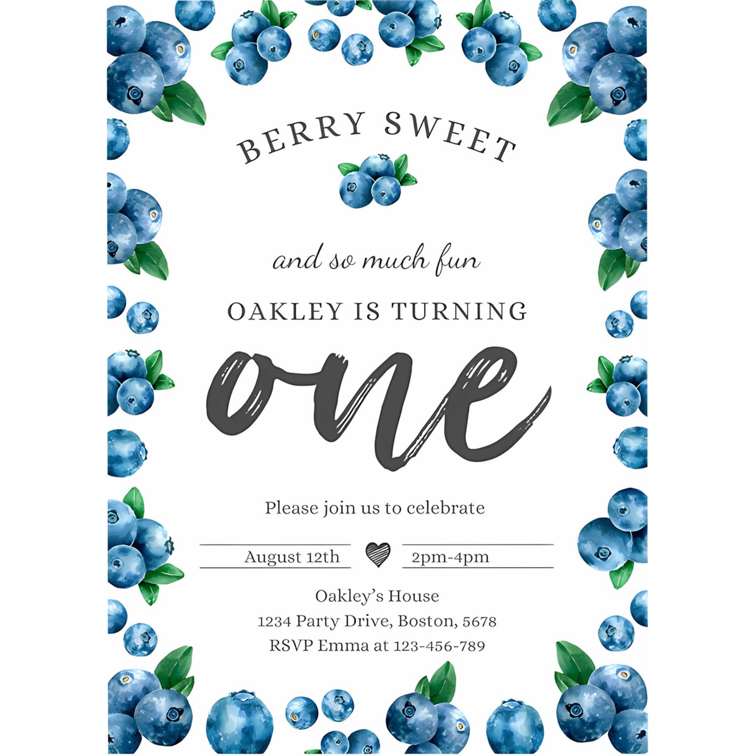 Editable blueberry 1st birthday invitation berry sweet 1st birthday invitation summer fruit berries 1st birthday party 4
