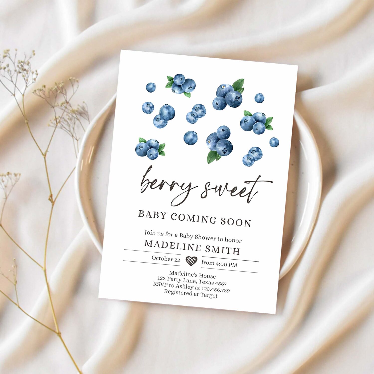 Editable blueberry baby shower invitation cute berry sweet baby boy blueberries summer fruit download printable template corjl digital 0399 1