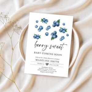 Editable blueberry baby shower invitation cute berry sweet baby boy blueberries summer fruit download printable template corjl digital 0399 1
