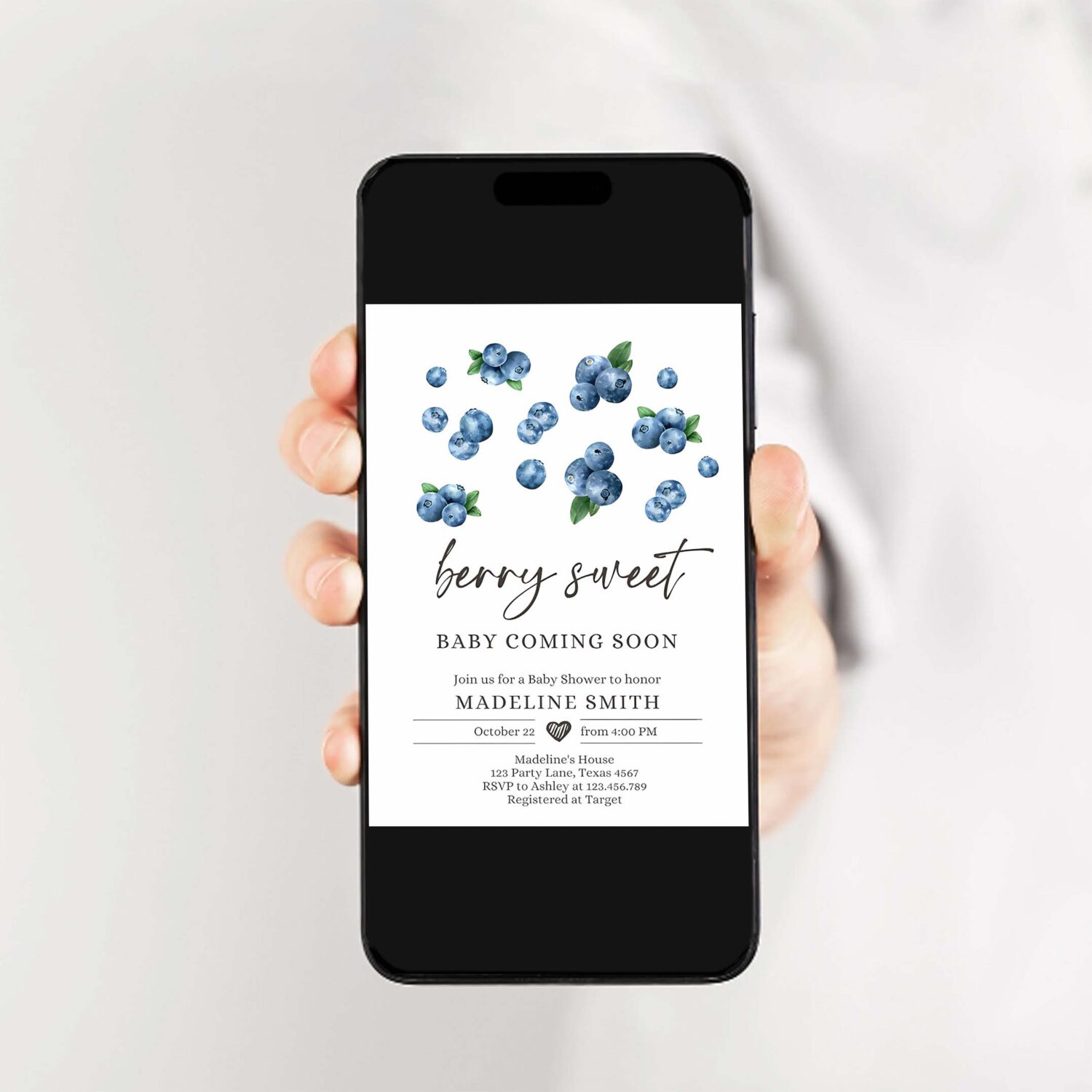 Editable blueberry baby shower invitation cute berry sweet baby boy blueberries summer fruit download printable template corjl digital 0399 2
