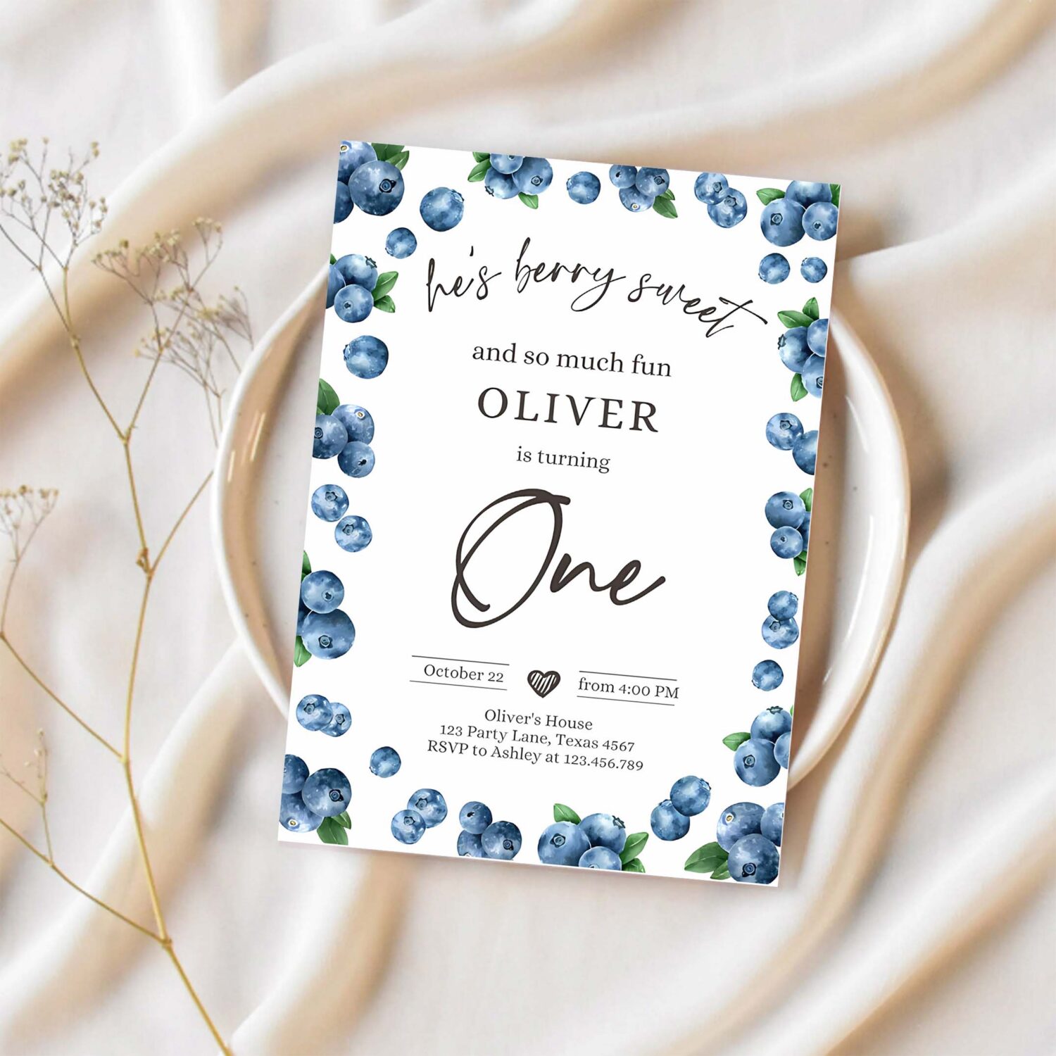 Editable blueberry birthday invitation first birthday berry sweet boy cute blueberries 1st download printable template corjl digital 0399 1