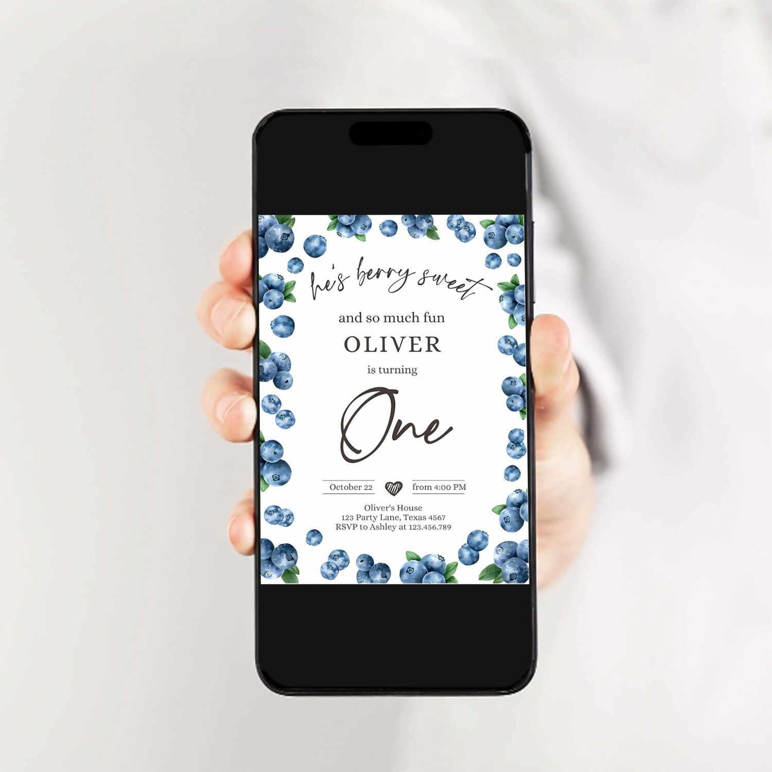 Editable blueberry birthday invitation first birthday berry sweet boy cute blueberries 1st download printable template corjl digital 0399 2