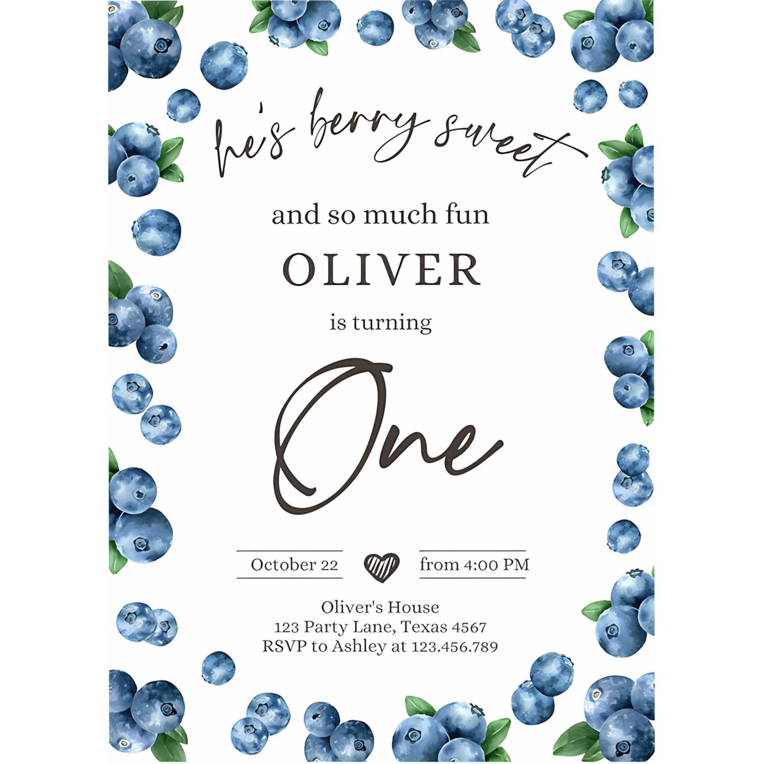 Editable blueberry birthday invitation first birthday berry sweet boy cute blueberries 1st download printable template corjl digital 0399 4