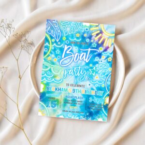 Editable boat birthday party invitation glow neon tie dye summer summer lake boat party birthday party instant download qa2 1