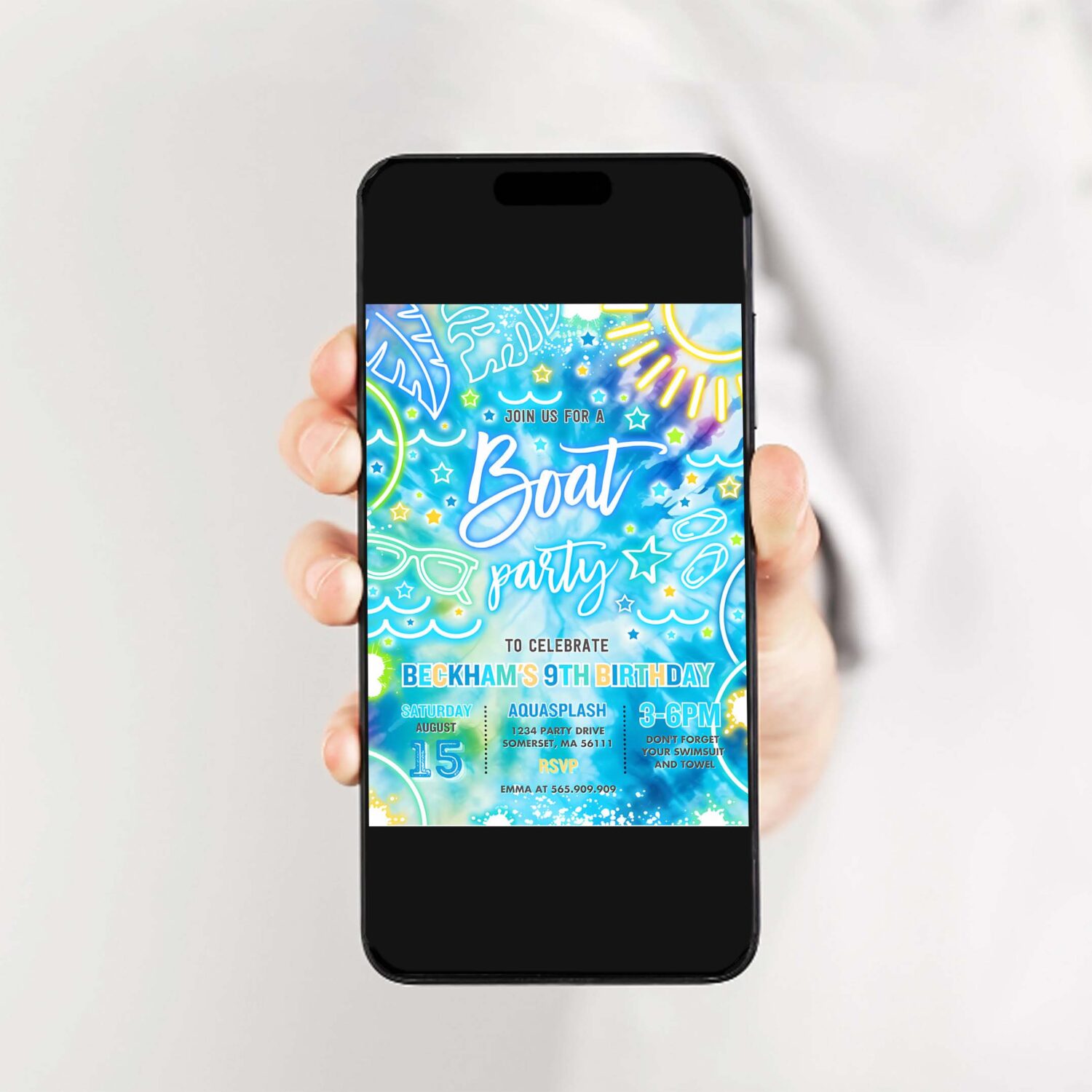 Editable boat birthday party invitation glow neon tie dye summer summer lake boat party birthday party instant download qa2 2