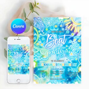 Tie Dye Invitation, Boat Birthday Party Invitation Glow Neon Tie Dye Summer Summer Lake Boat Party Birthday Party