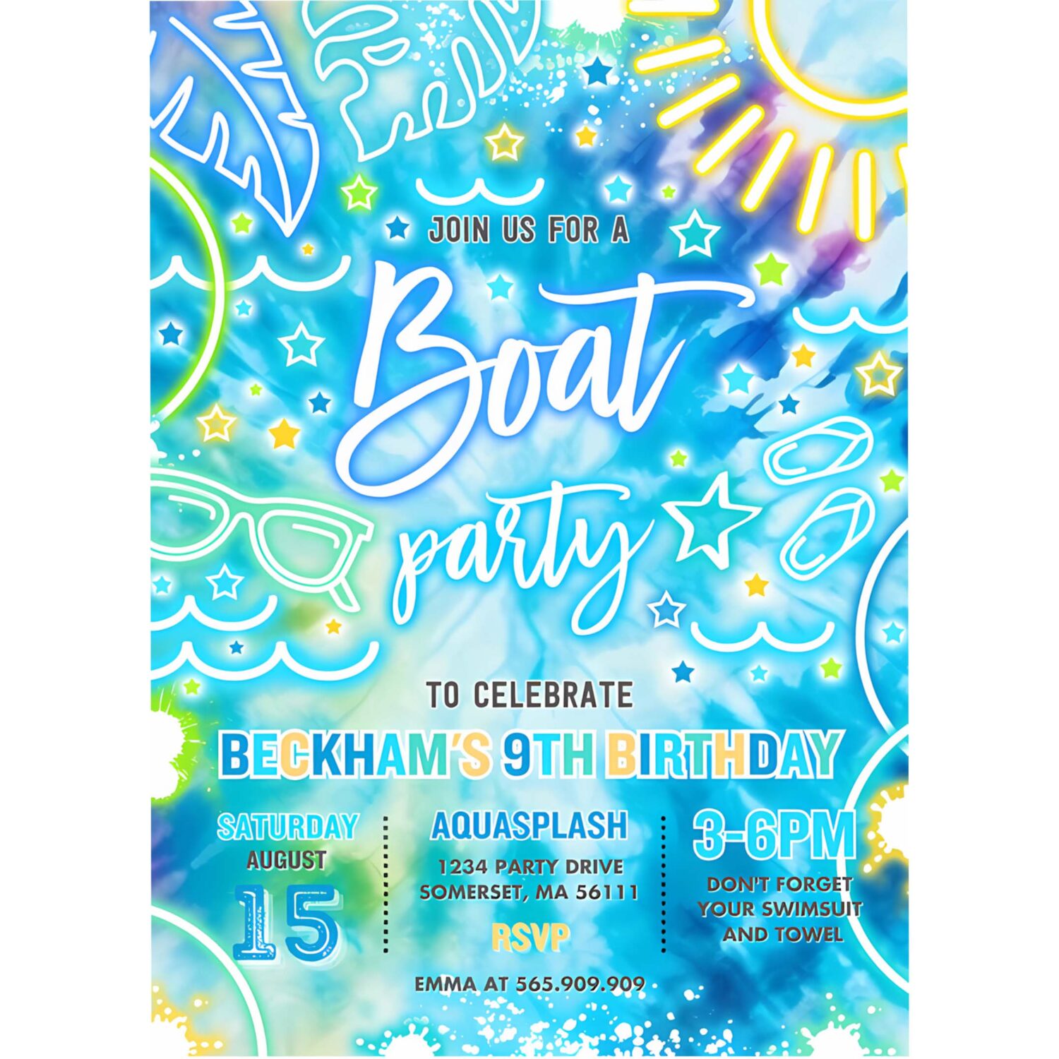 Editable boat birthday party invitation glow neon tie dye summer summer lake boat party birthday party instant download qa2 4