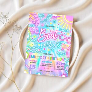 Editable boat birthday party invitation glow neon tie dye summer summer lake boat party birthday party instant download y3 1