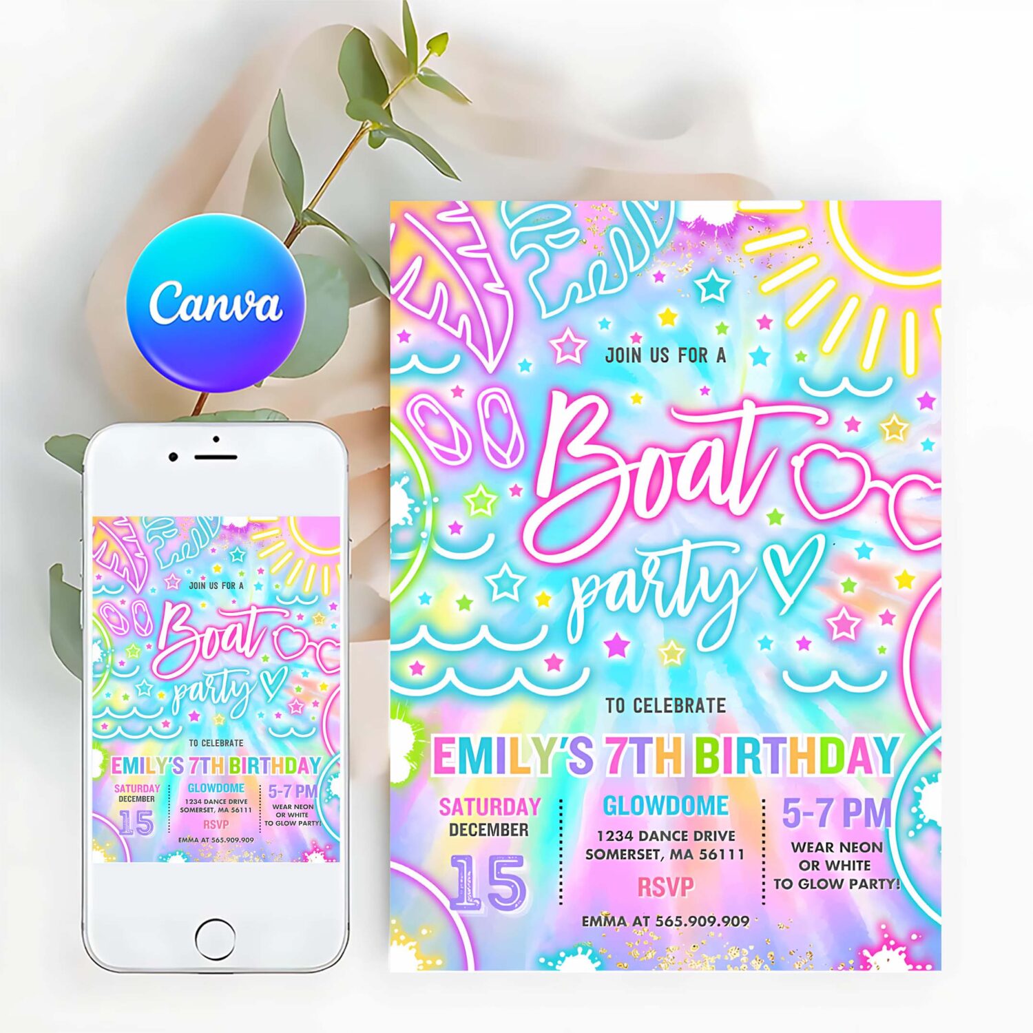 Editable boat birthday party invitation glow neon tie dye summer summer lake boat party birthday party instant download y3