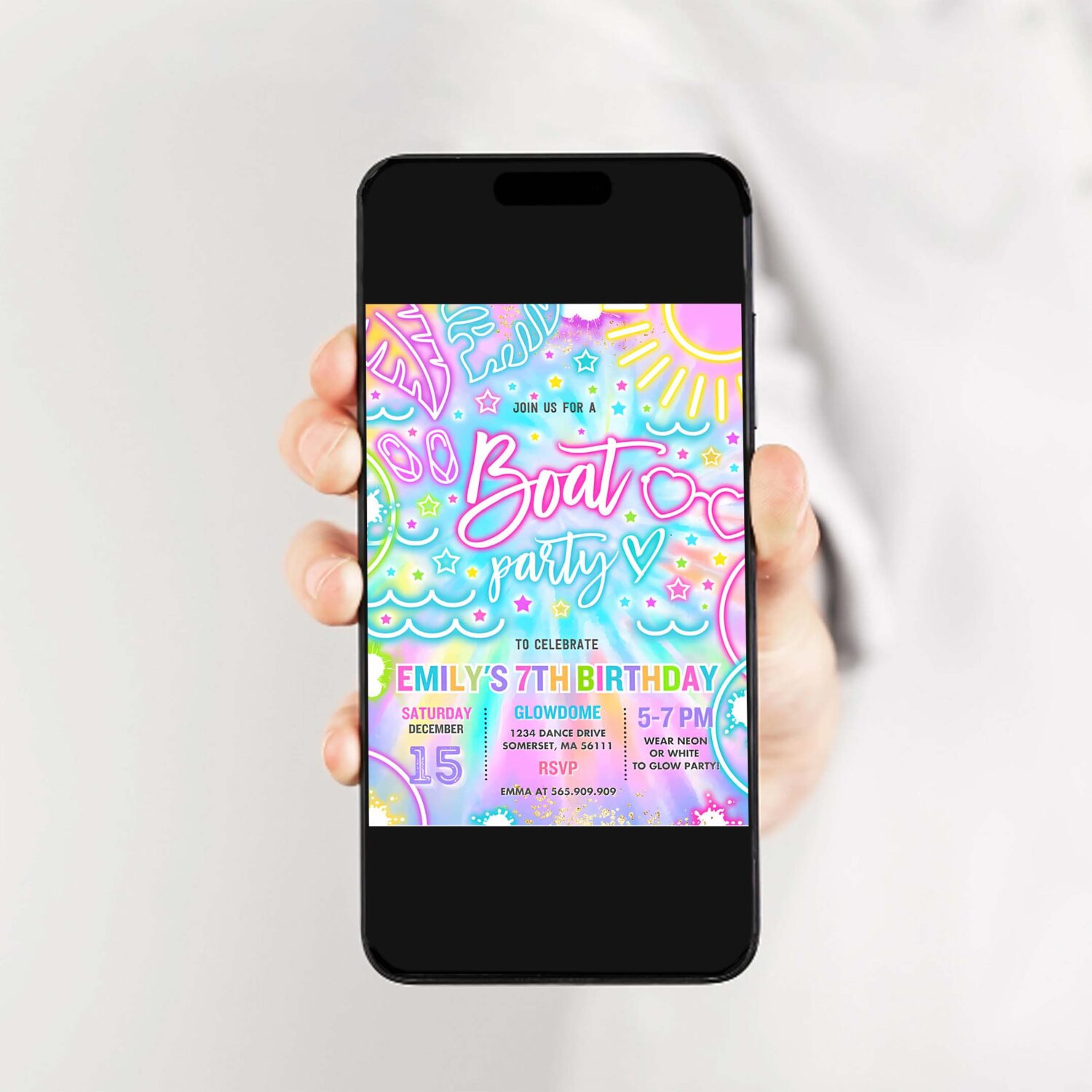 Editable boat birthday party invitation glow neon tie dye summer summer lake boat party birthday party instant download y3 2