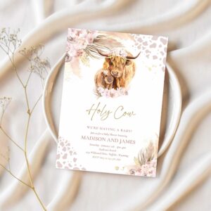 Editable boho cow baby shower invitation holy cow were having a baby pink pampas grass boho highland cow baby shower instant download k4 1