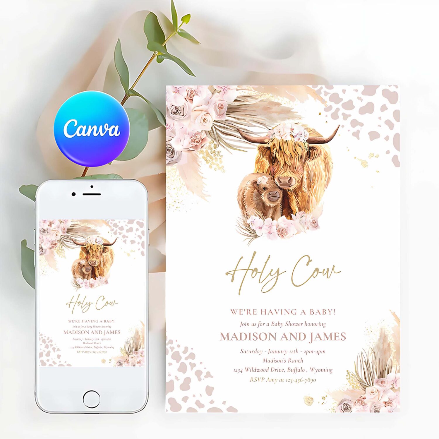 Editable boho cow baby shower invitation holy cow were having a baby pink pampas grass boho highland cow baby shower instant download k4