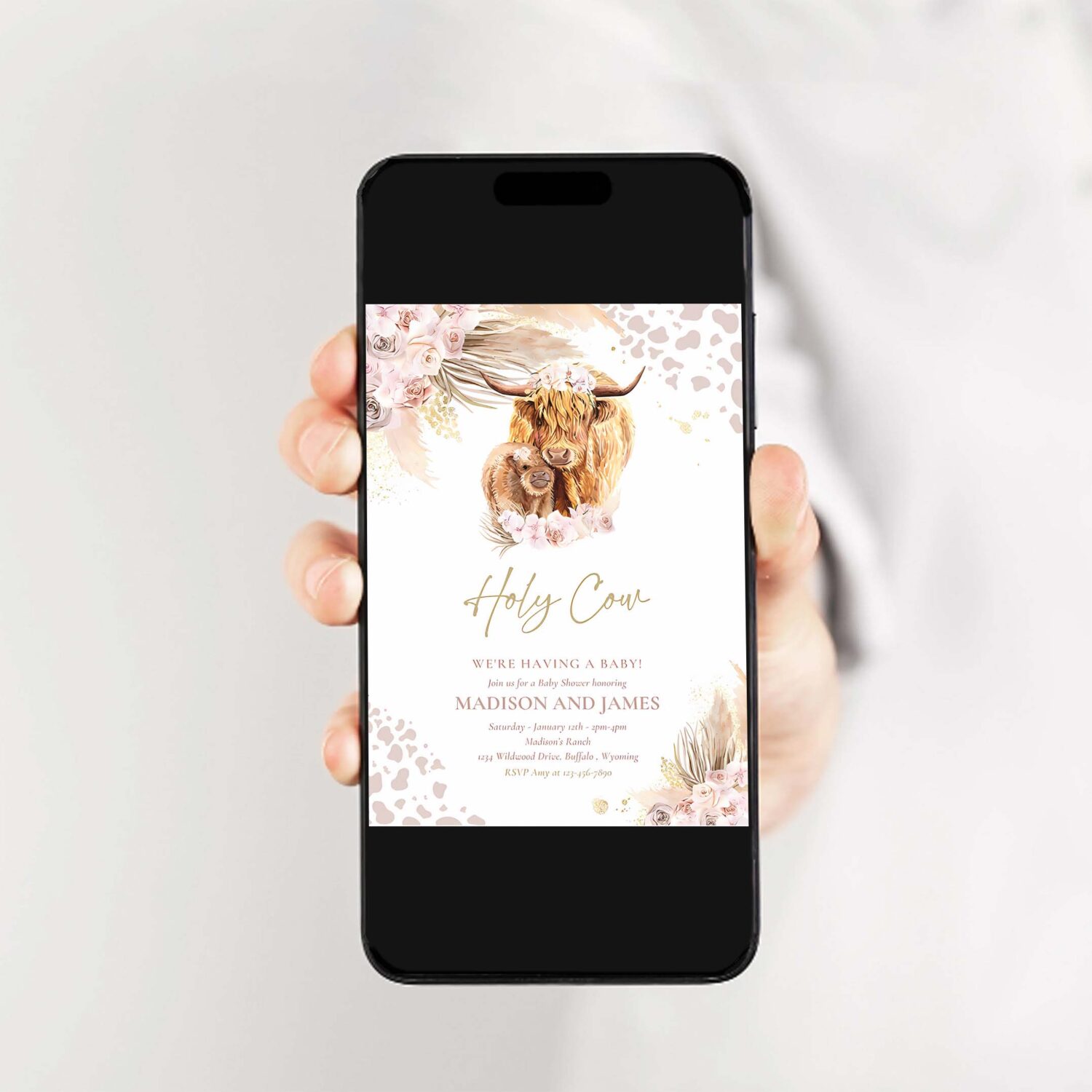 Editable boho cow baby shower invitation holy cow were having a baby pink pampas grass boho highland cow baby shower instant download k4 2