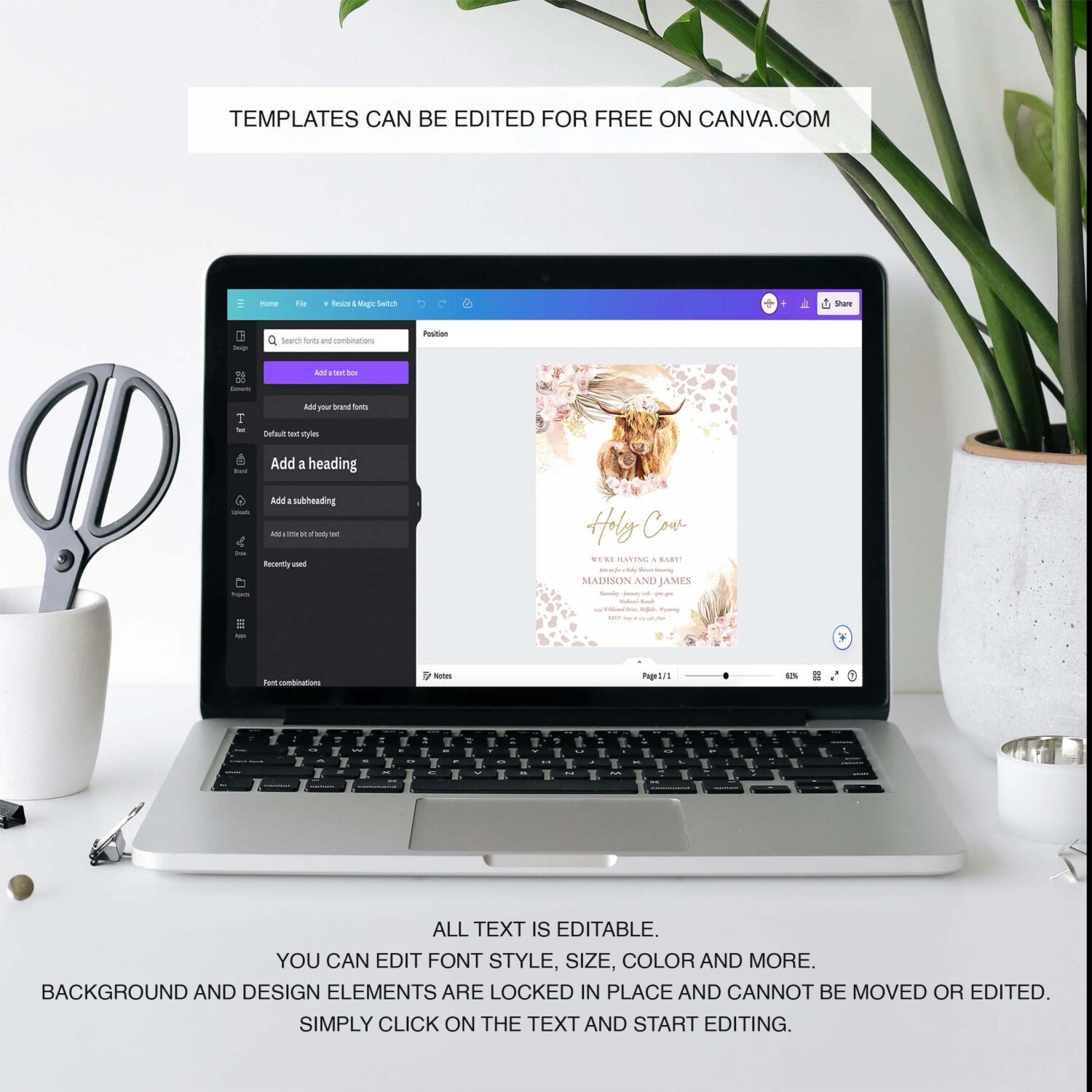 Editable boho cow baby shower invitation holy cow were having a baby pink pampas grass boho highland cow baby shower instant download k4 3