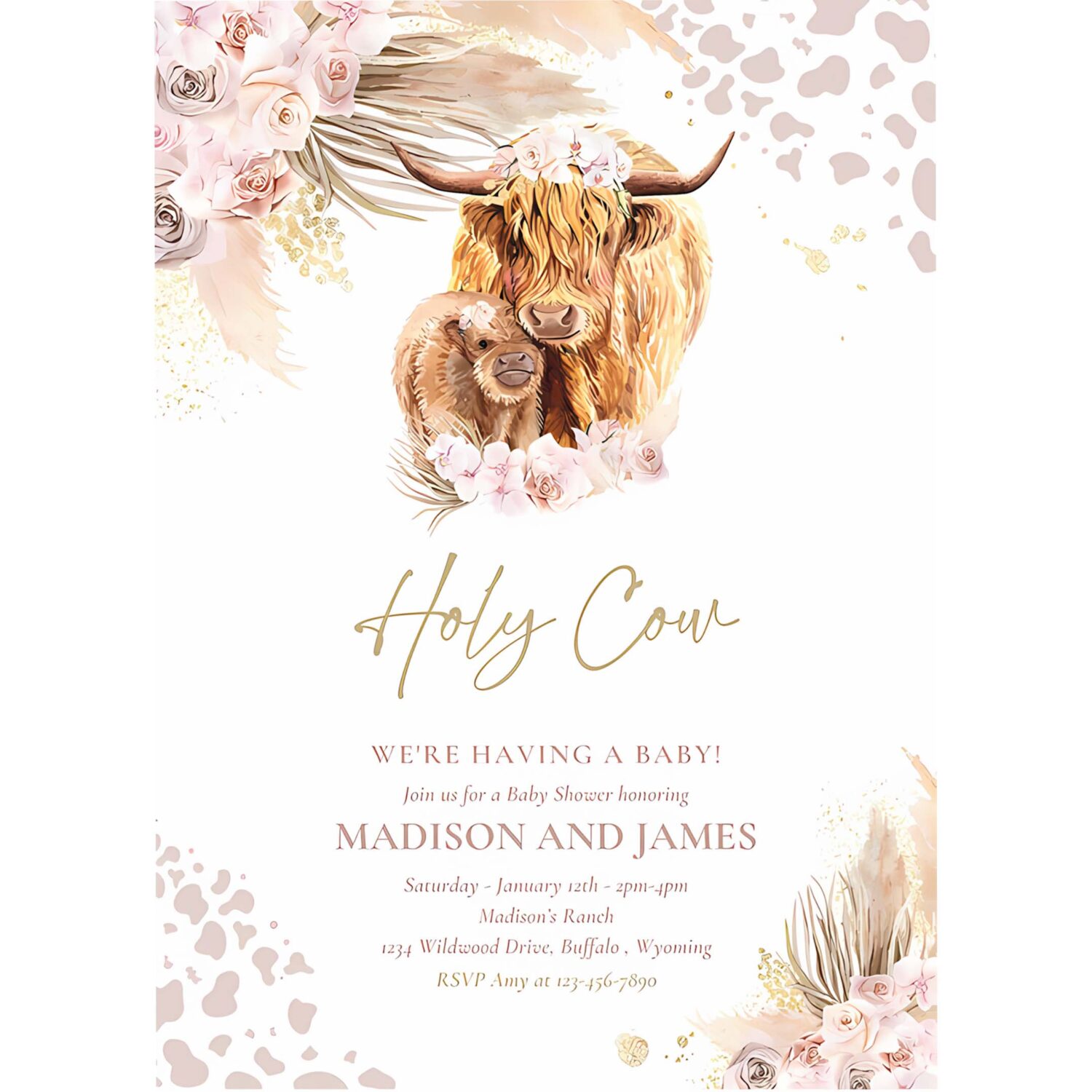 Editable boho cow baby shower invitation holy cow were having a baby pink pampas grass boho highland cow baby shower instant download k4 4