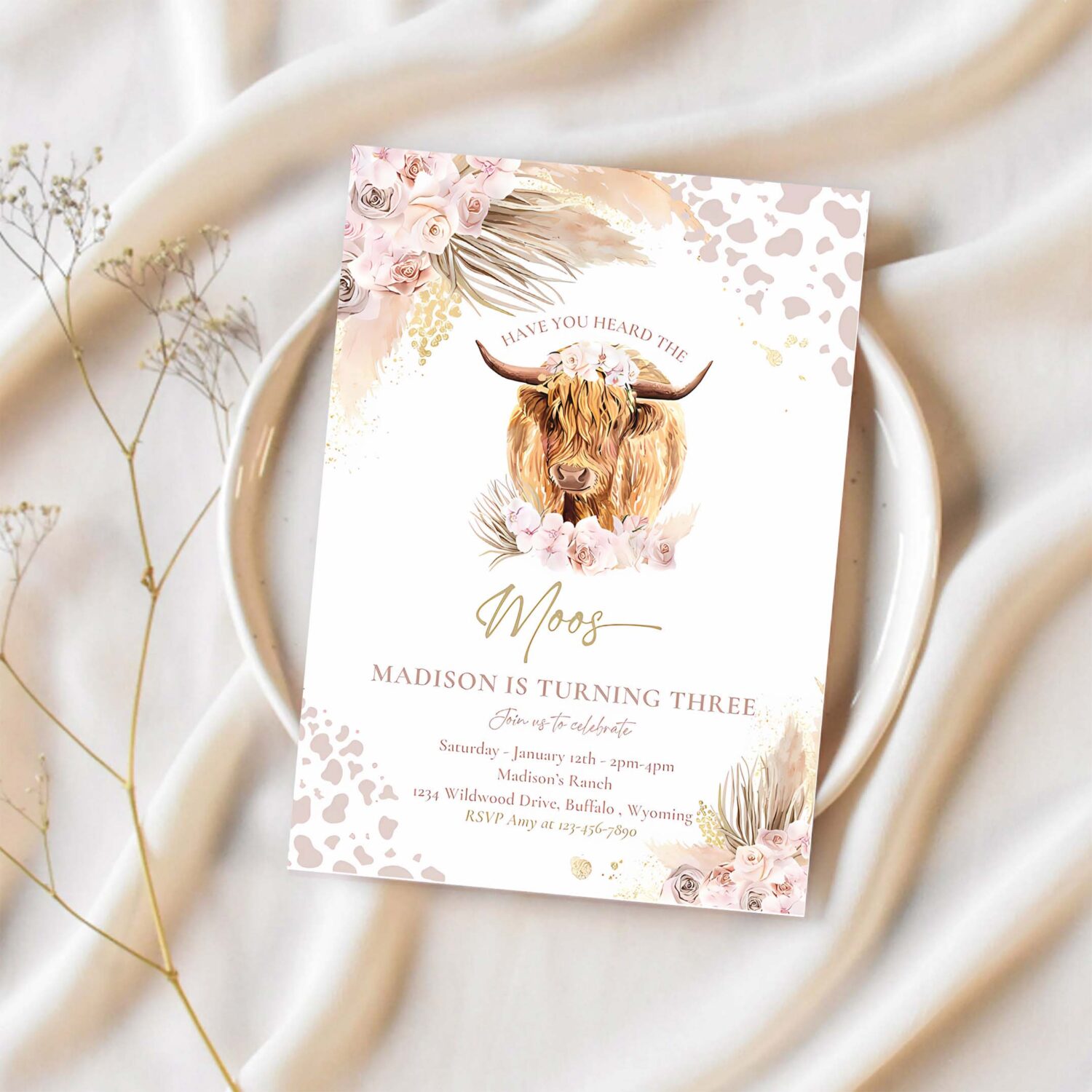 Editable boho cow birthday party invitation have you heard the moos birthday pampas grass highland cow party instant download editable k4 1