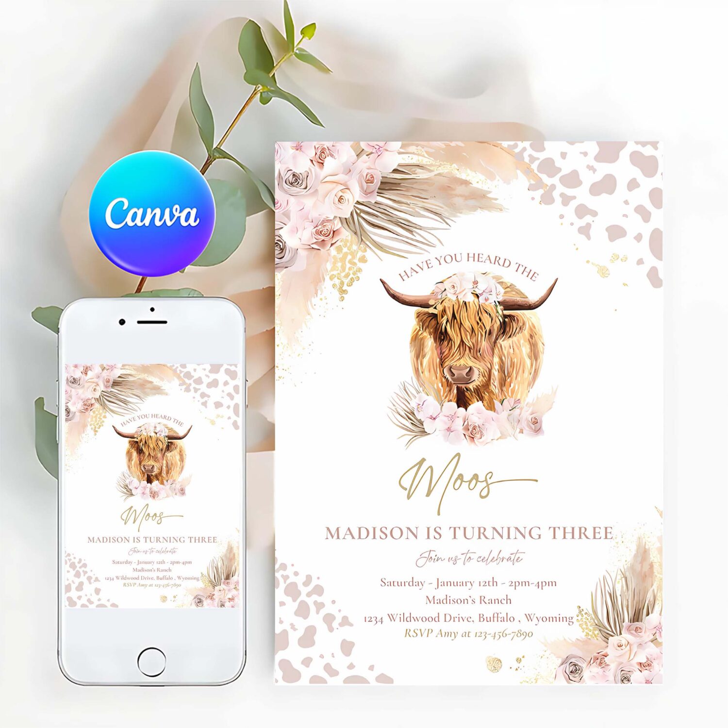 Editable boho cow birthday party invitation have you heard the moos birthday pampas grass highland cow party instant download editable k4
