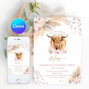 Boho Invitation, Boho Cow Birthday Party Invitation