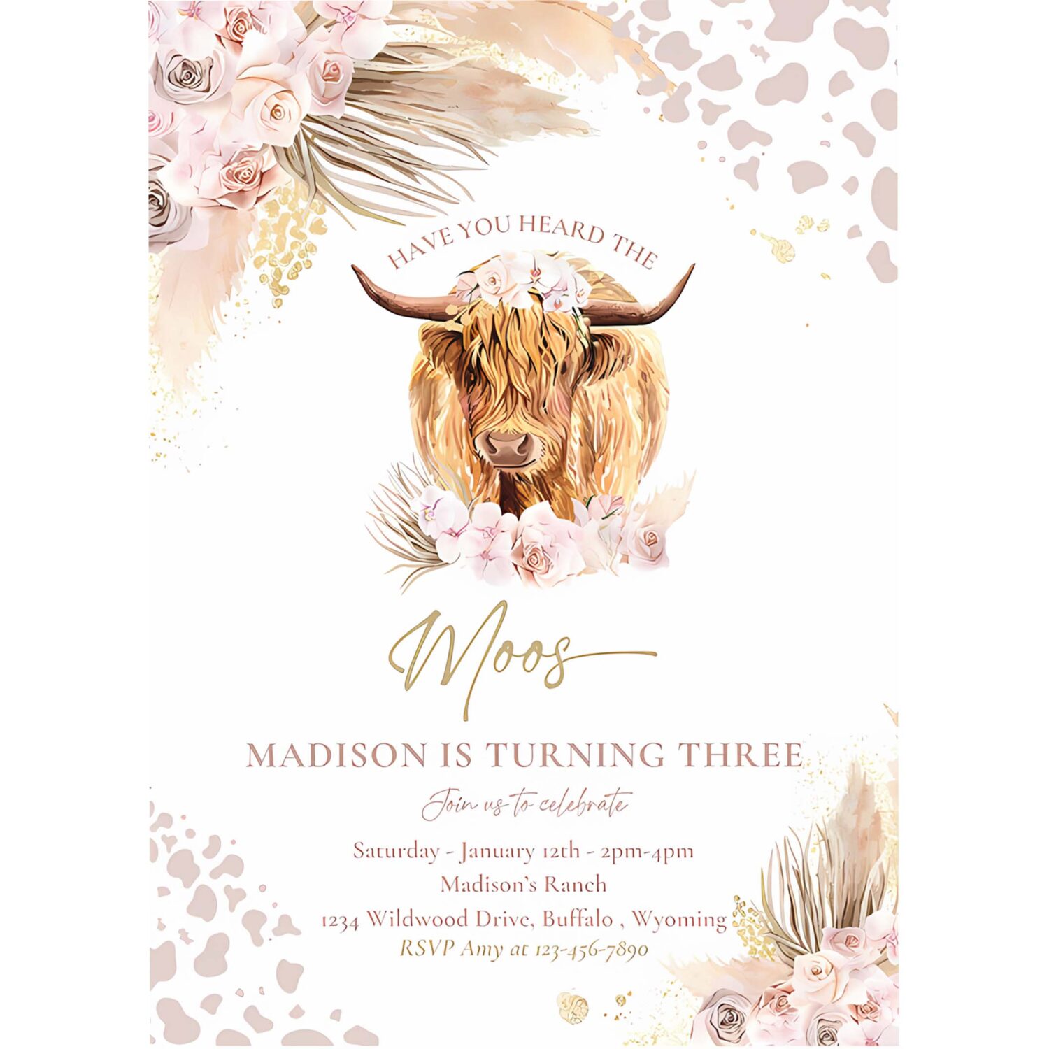 Editable boho cow birthday party invitation have you heard the moos birthday pampas grass highland cow party instant download editable k4 4