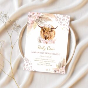Editable boho cow birthday party invitation holy cow im one party pink pampas grass boho highland cow party 1