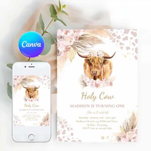 Holy Cow Invitation, Boho Cow Birthday Party Invitation, Holy Cow I'm One Party, Pink Invitation