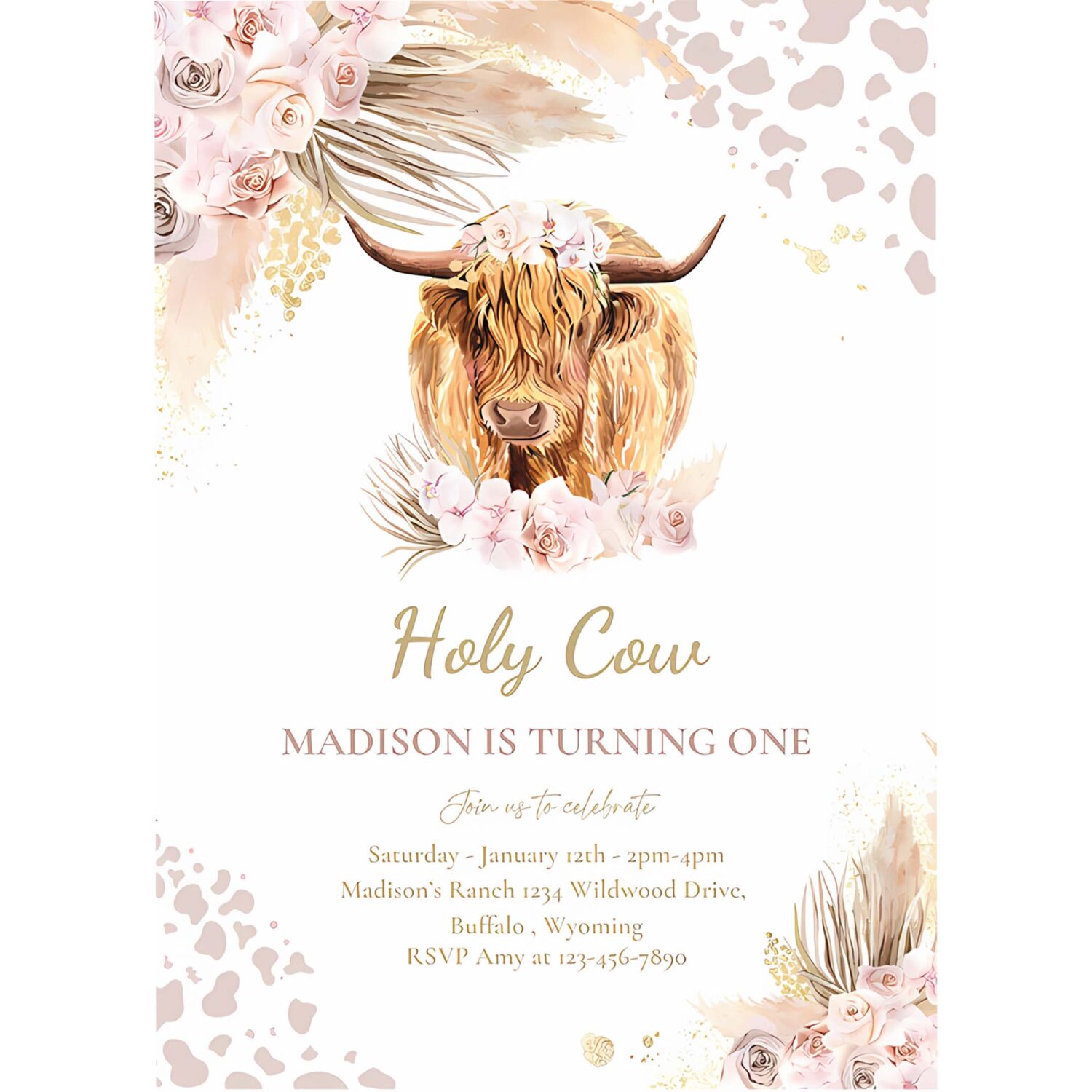 Editable boho cow birthday party invitation holy cow im one party pink pampas grass boho highland cow party 4