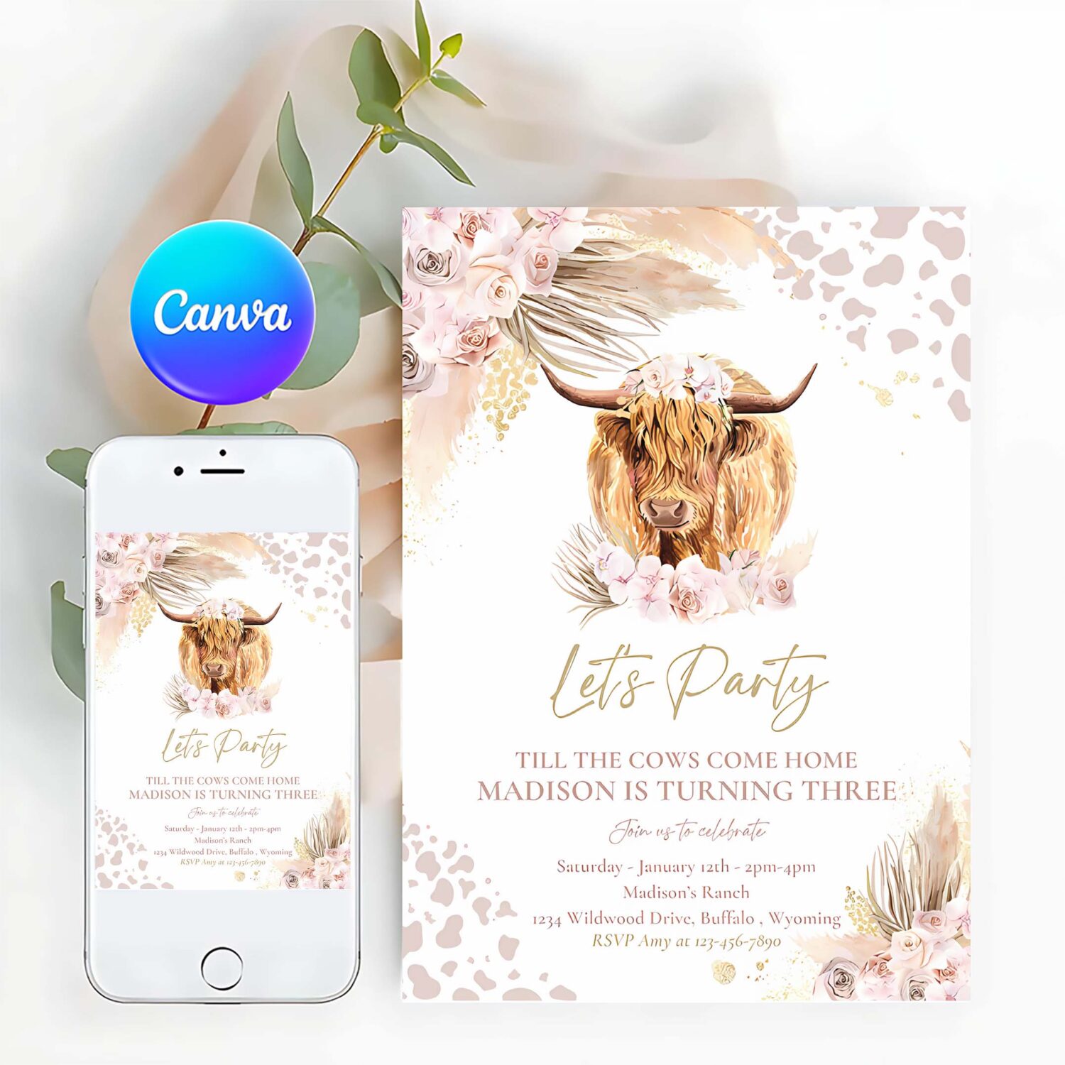 Editable boho cow birthday party invitation lets party till the cows come home pampas grass highland cow party instant download editable k4