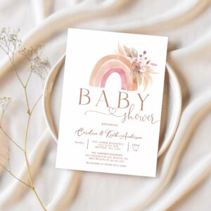 Editable boho rainbow baby shower invitation pink pampas grass boho rainbow baby shower invite printable template 1