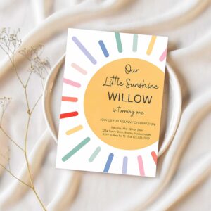 Editable boho sunshine 1st birthday party invitation our little sunshine birthday muted rainbow 1st trip around the sun 1