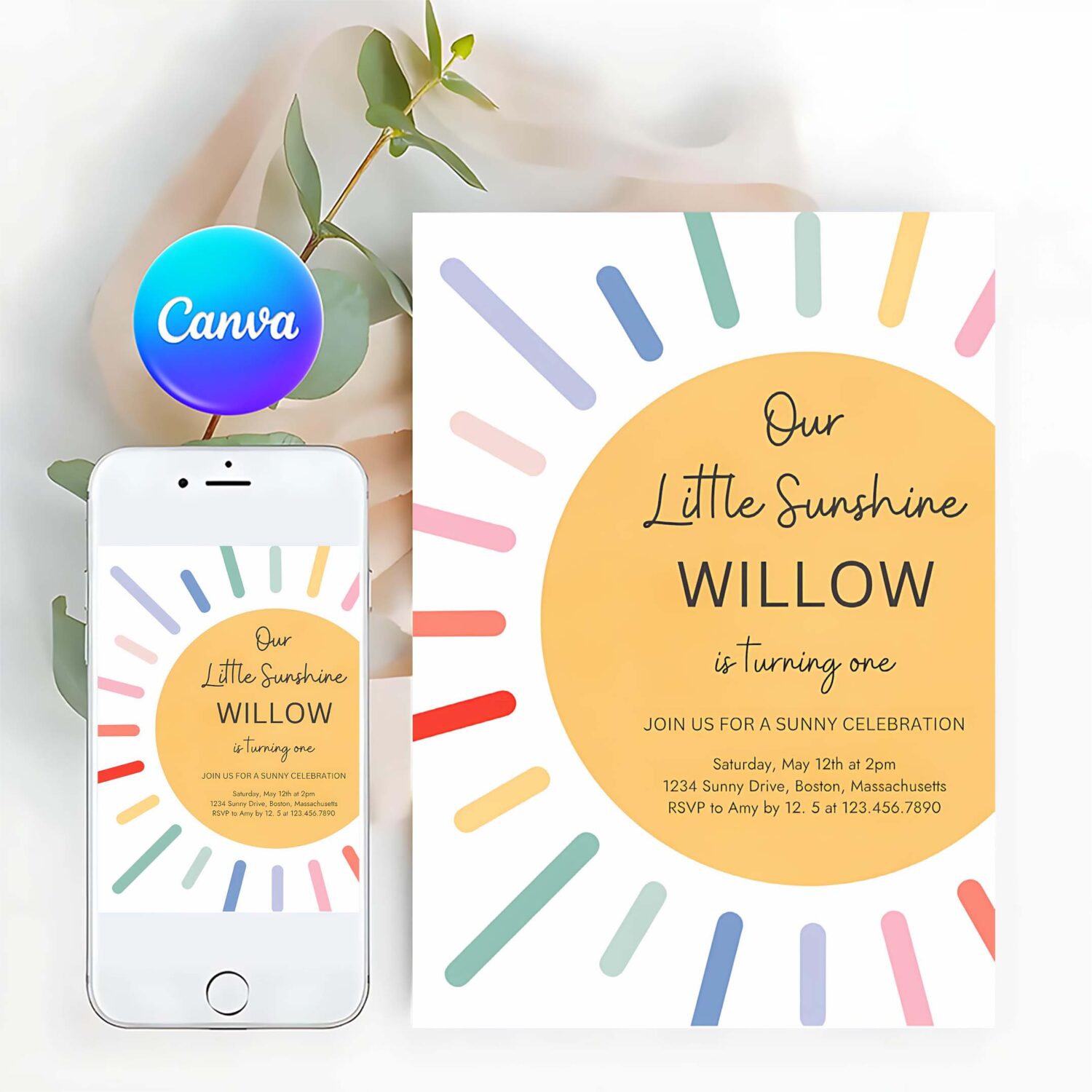 Editable boho sunshine 1st birthday party invitation our little sunshine birthday muted rainbow 1st trip around the sun