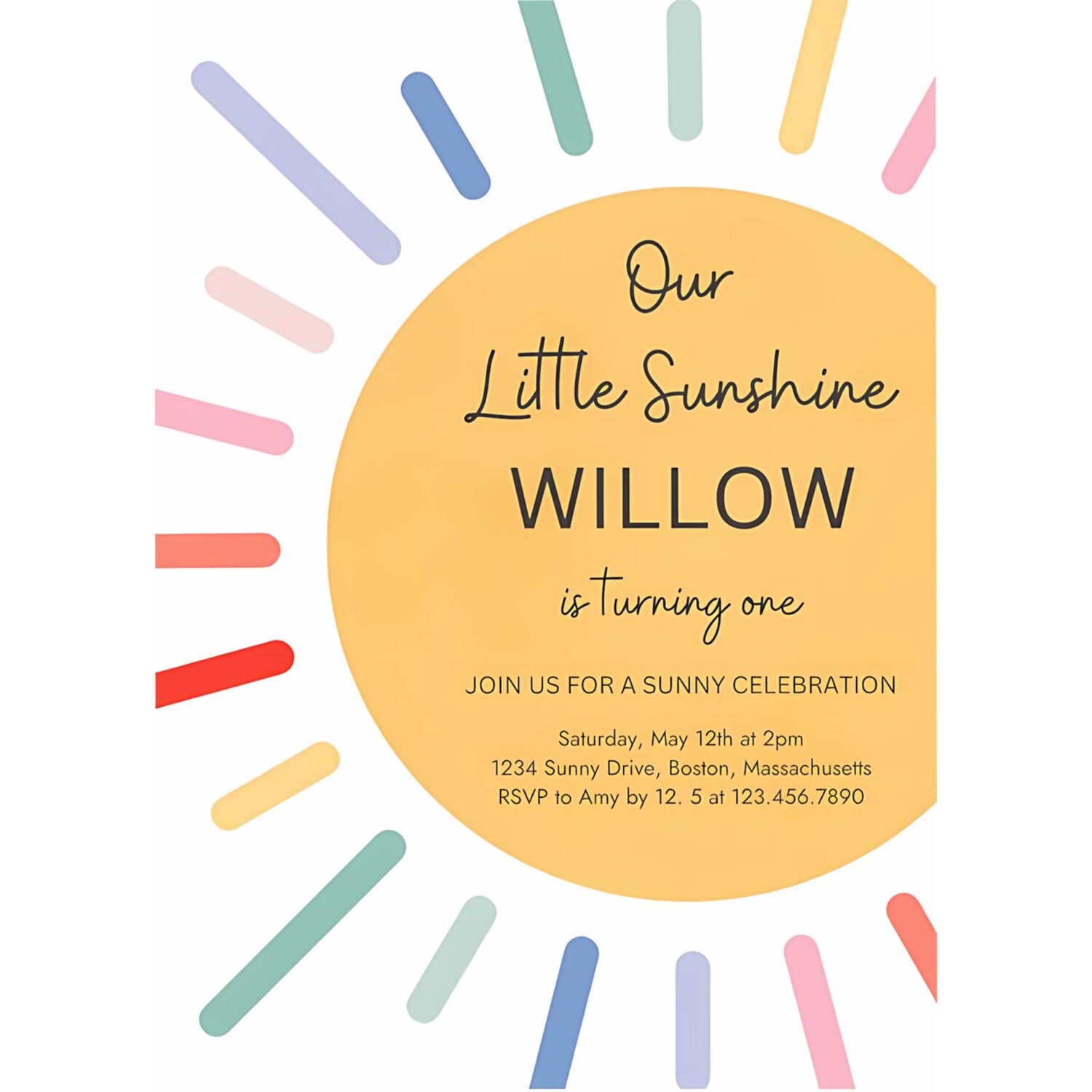 Editable boho sunshine 1st birthday party invitation our little sunshine birthday muted rainbow 1st trip around the sun 4
