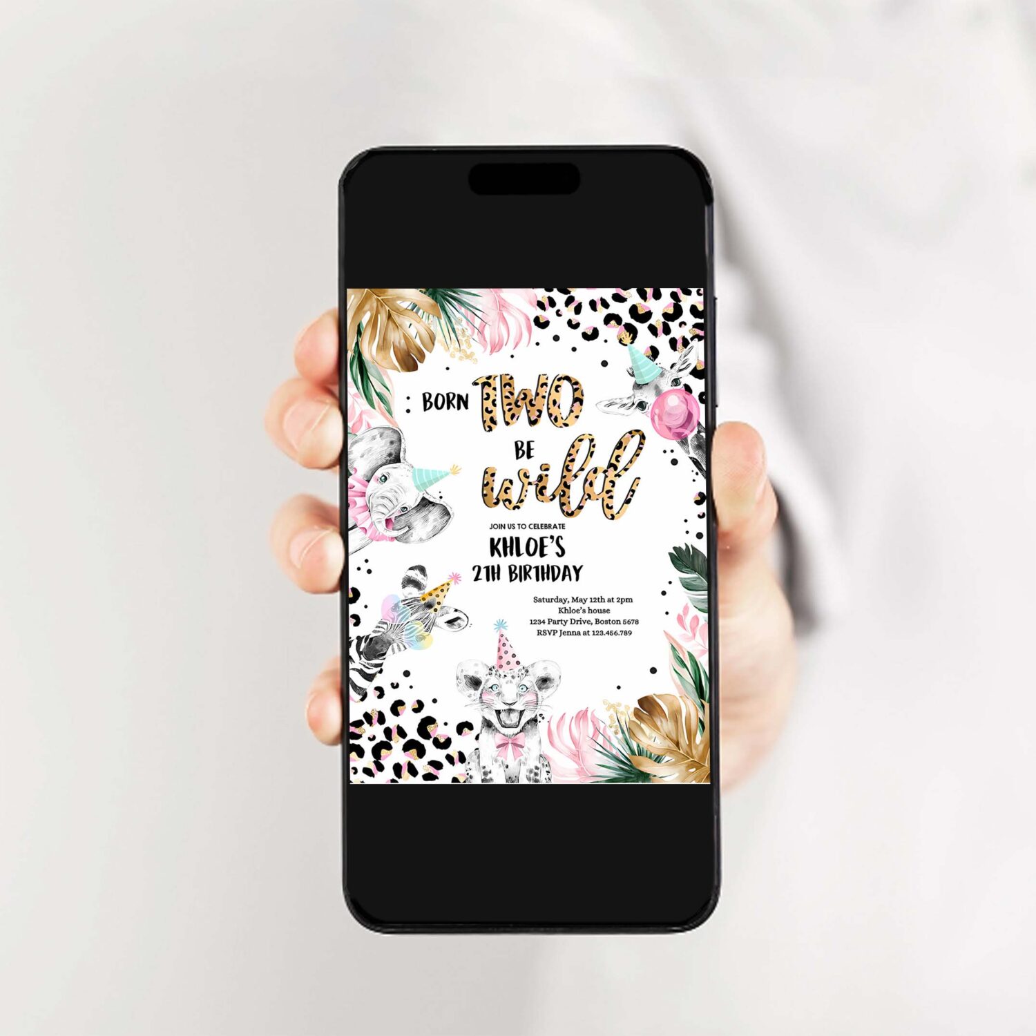 Editable born to be wild leopard print animals birthday party invitation leopard print born two wild birthday party 2
