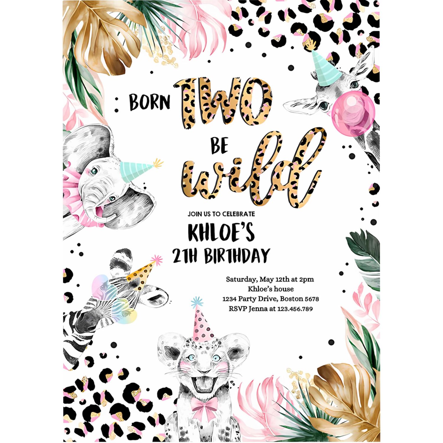 Editable born to be wild leopard print animals birthday party invitation leopard print born two wild birthday party 4